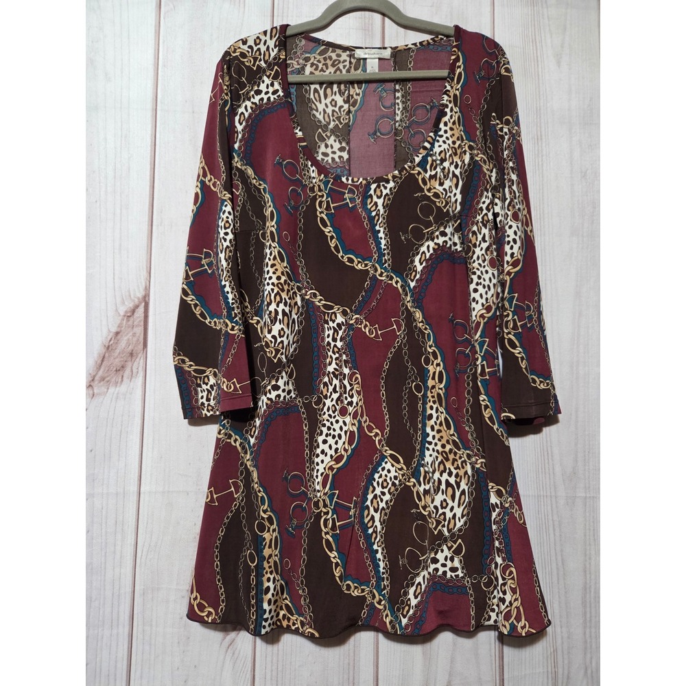 Dressbarn XL Tunic Top Mini Dress Leopard Chain Print‎ 3/4 Sleeve Brown Burgundy